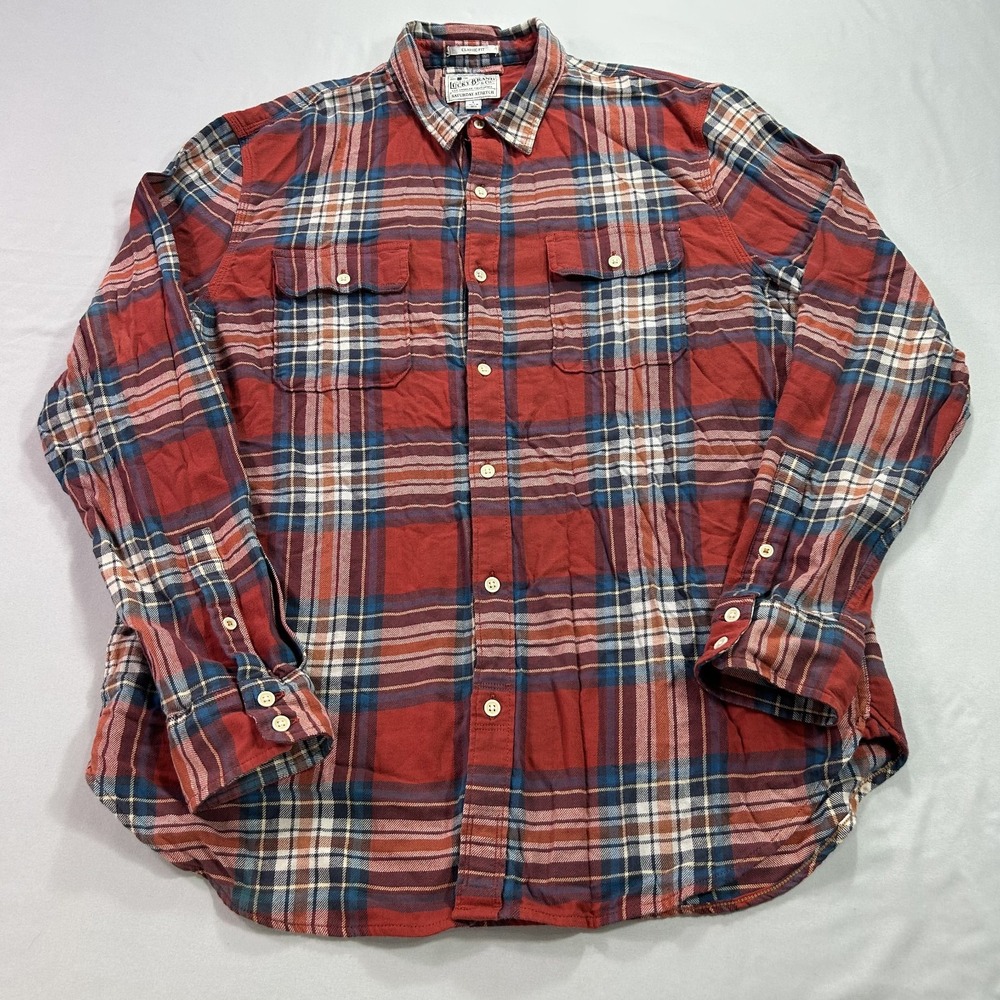 Lucky Brand Shirt Mens Large Red Pearl Snap Flannel Saturday Stretch Western